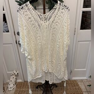 Pretty Boho Delicate Pointelle Open Knit Oversized Top Coverup Topper OS